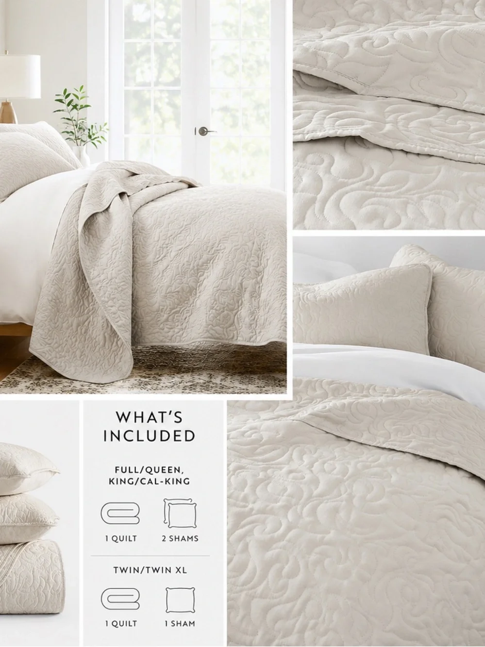 NWT Linens & Hutch Floral Stitch Quilted Coverlet Set King/Cal King Natural